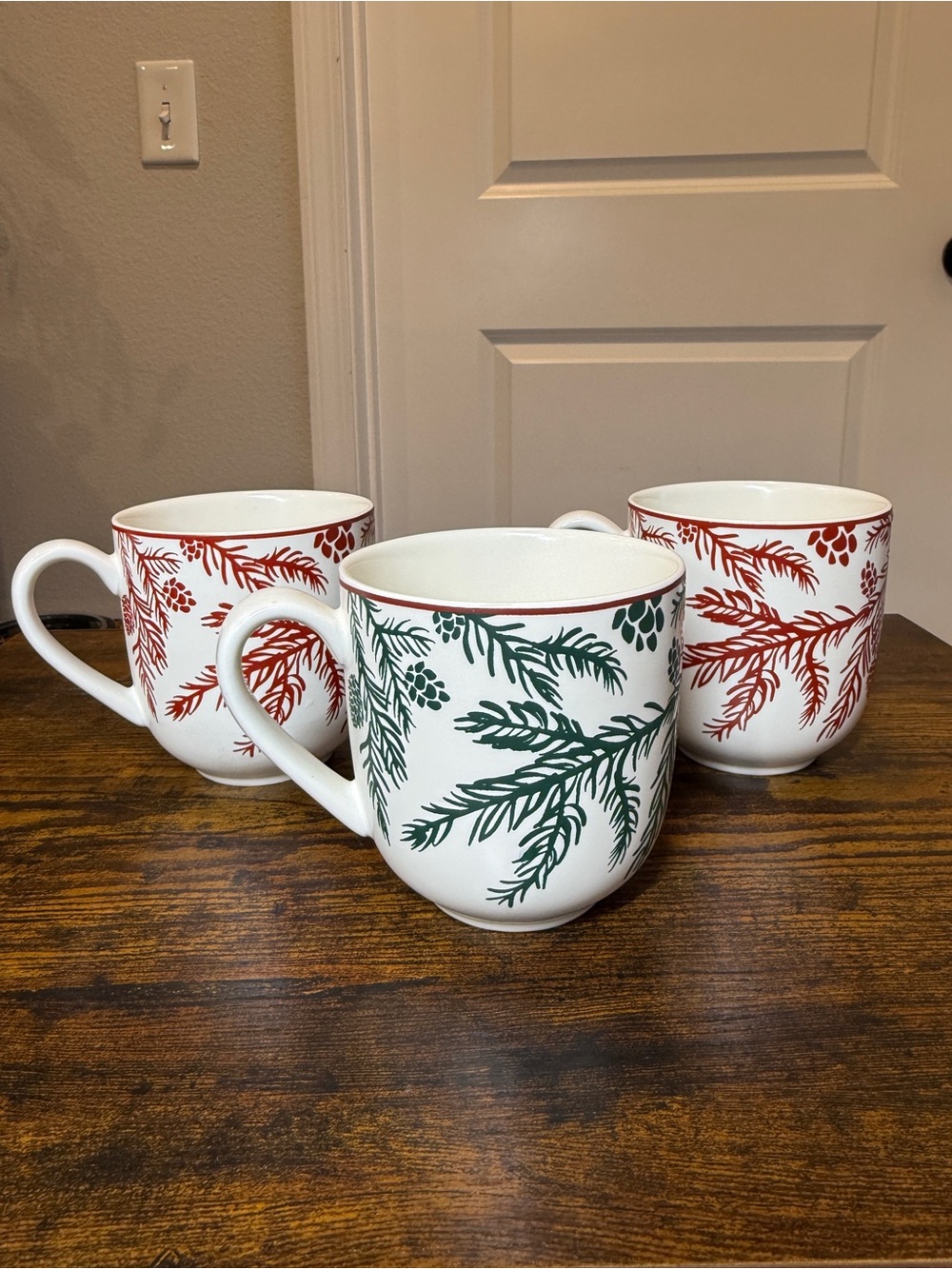 Bee & Willow Vail Pine Christmas Mugs Set of 3 Red Green Pinecone Holiday